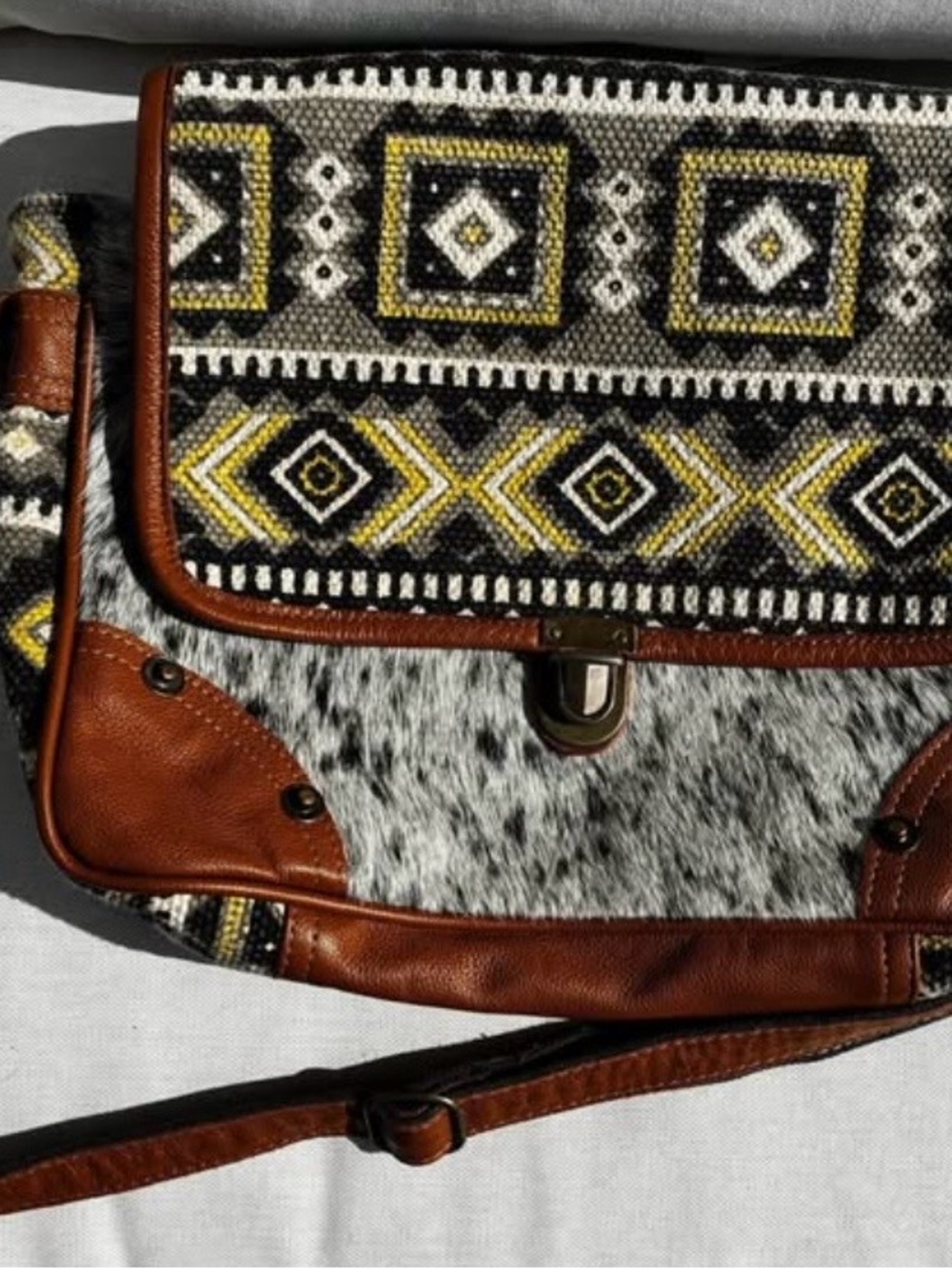 Myra Bag Black, White, Gray and Yellow Patterned Crossbody with Brown Trim
